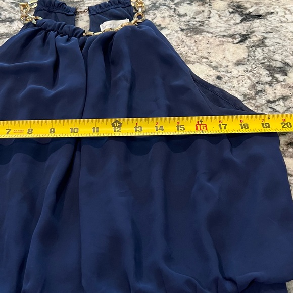 Bisou Bisou Navy Pleated Halter, Maxi 14 Chiffon Gold Chain Neck Summer Wedding - Picture 4 of 7